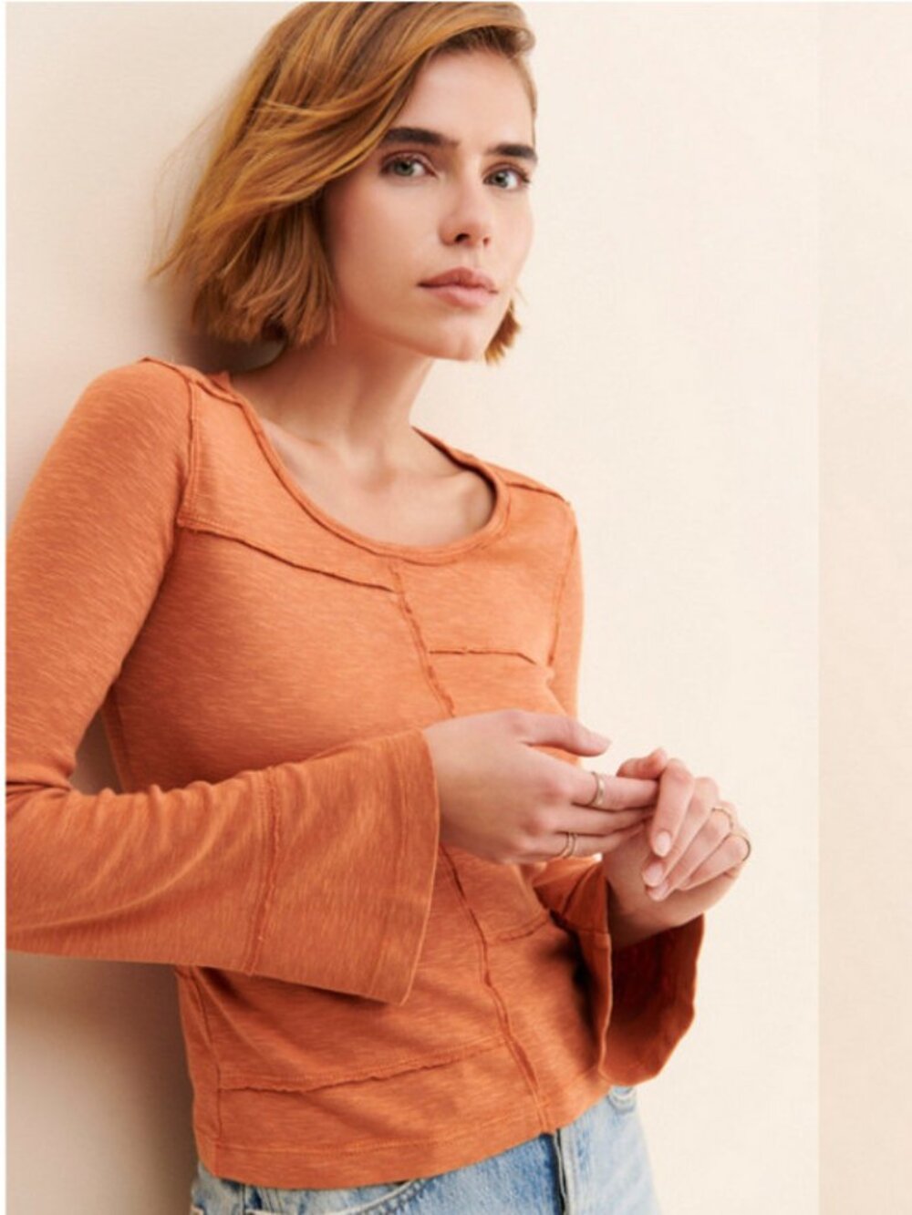 NWT Anthropologie Pilcro Bell Sleeve Copper Orange Long Sleeve Top